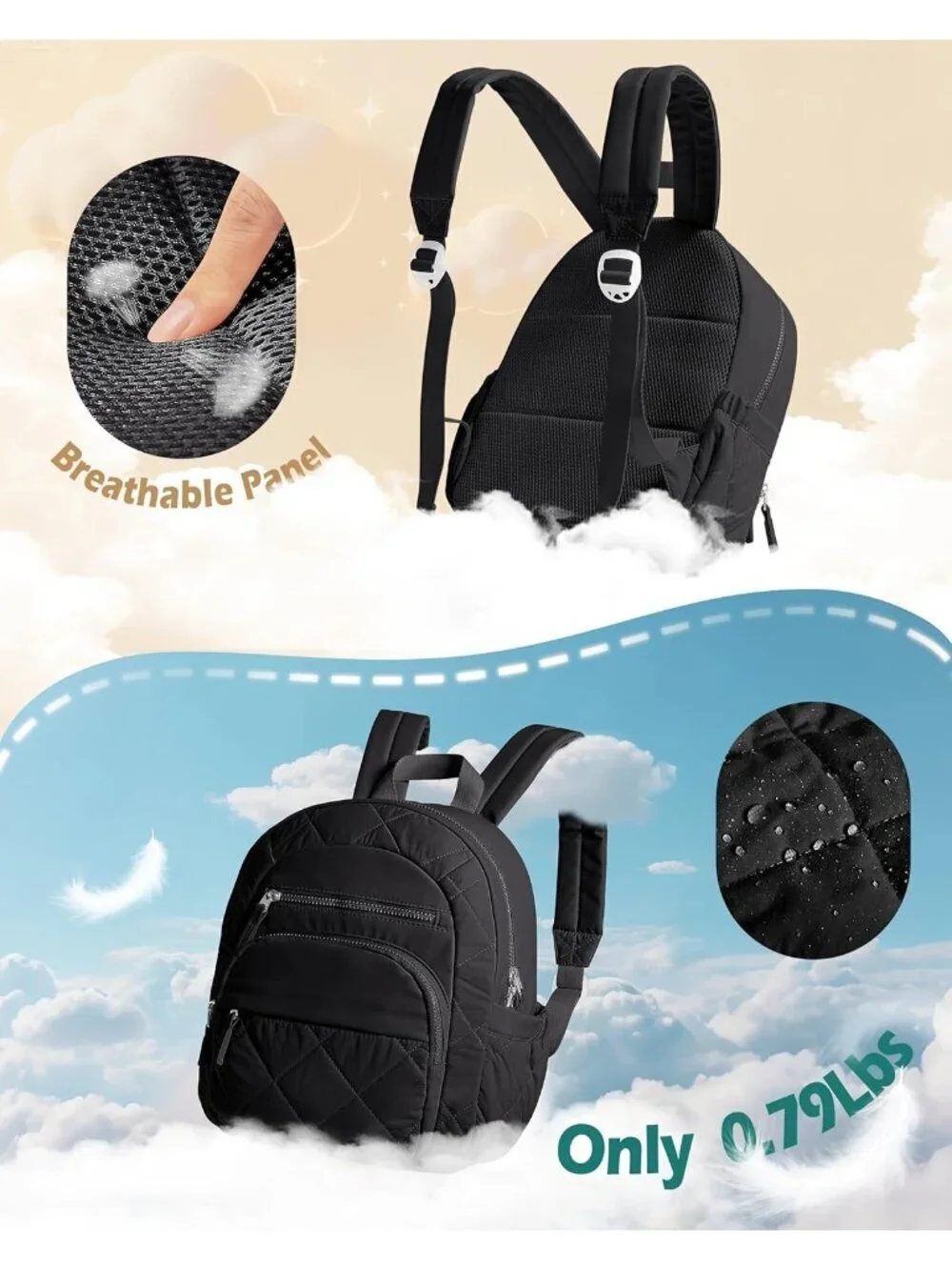 Women's Black lightweight taslan fabric Zipper Quilted Backpack College Bag